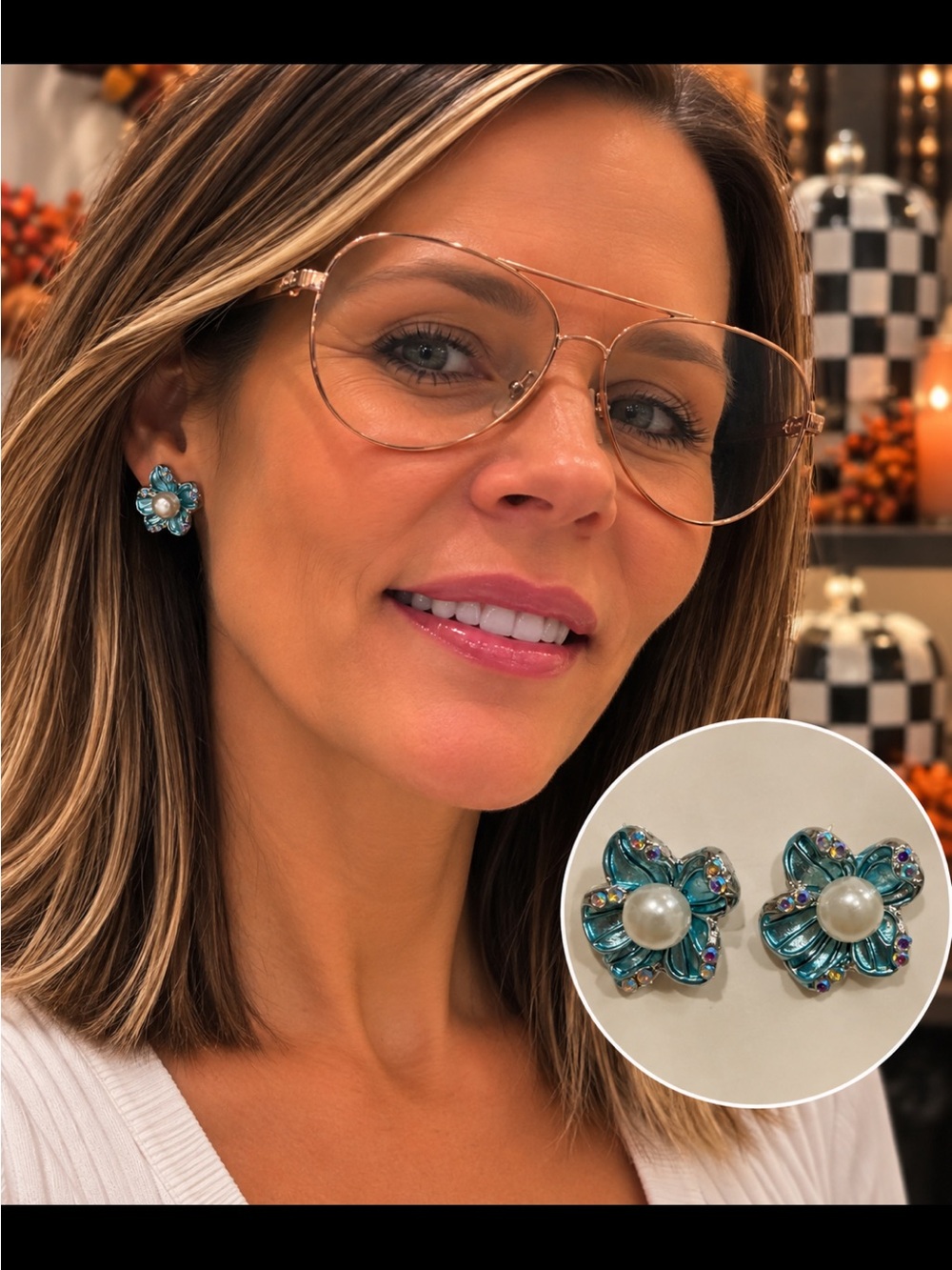 Elegant Teal Pearl Flower Earrings